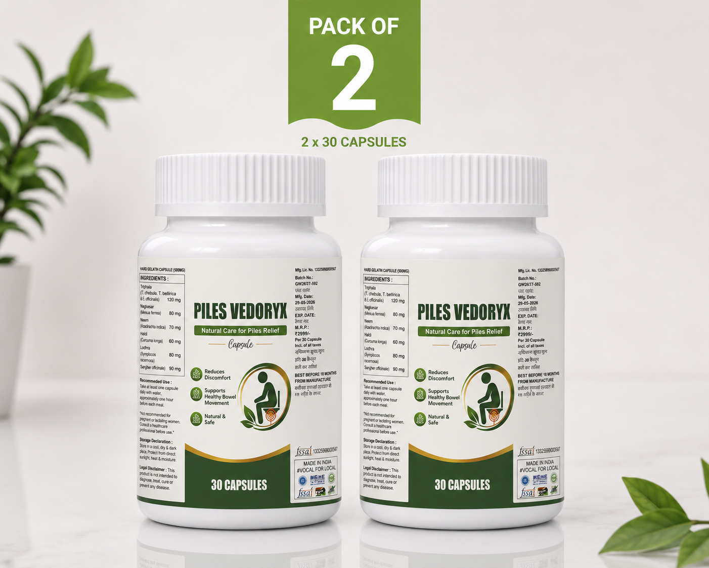 Pack of 2 PILES VEDORYX – Natural Care for Piles Relief (Capsule)